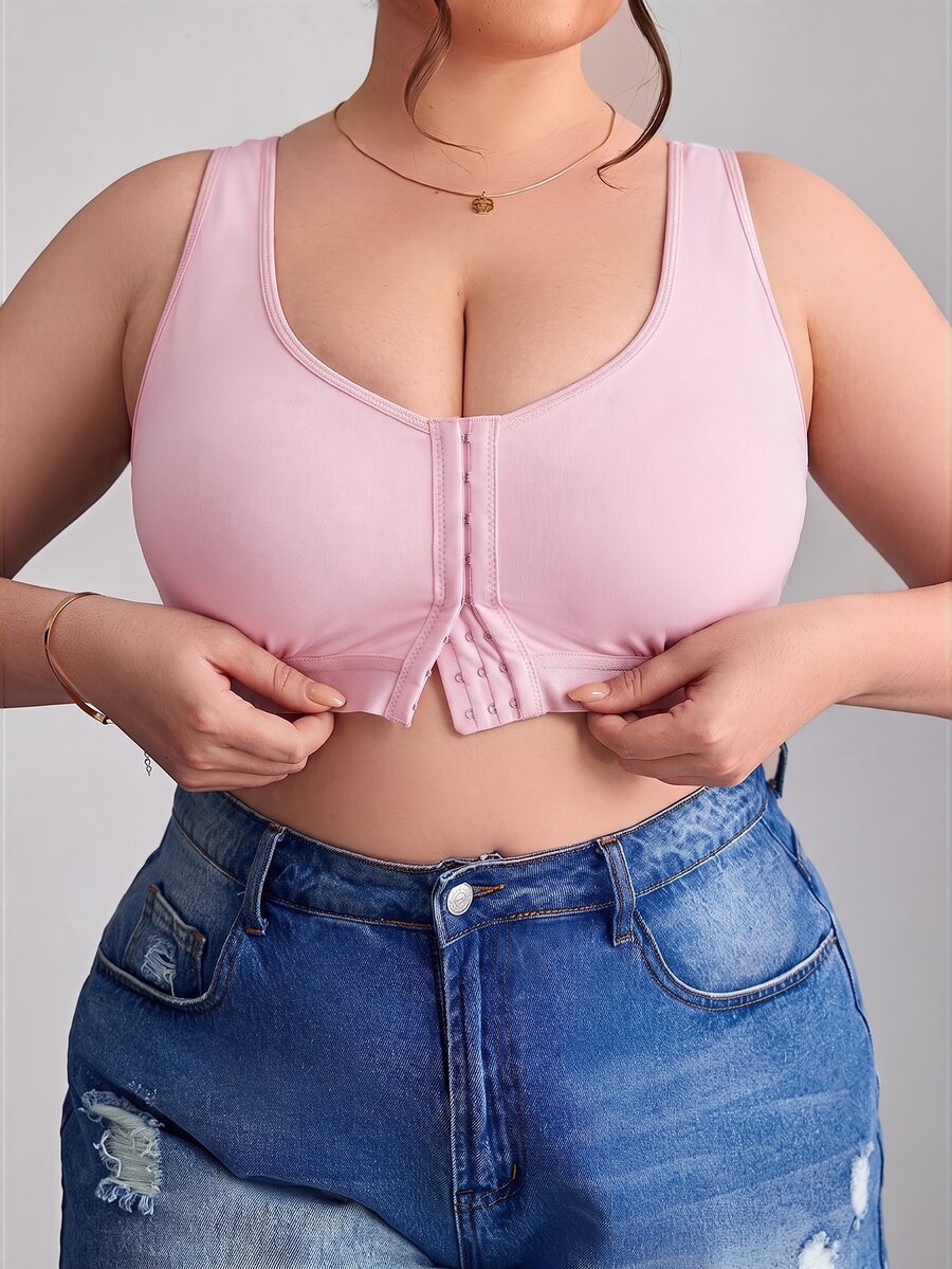 SHEIN CURVE+ 大尺碼簡約純色前扣式內衣背心,Curve Plus,Hoho Vacation - 粉色 - 查看 1
