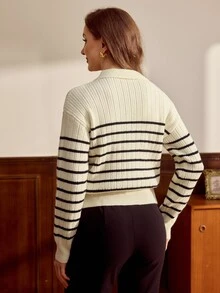 Vintamour Cream White & Black Ribbed Ribbed Polo Collar Knit Sweater, Loose Fit Long Sleeve For Women - Black and White - View 8
