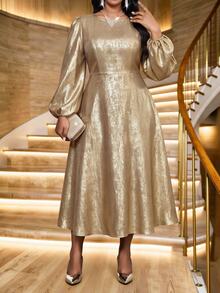 Fleurora Plus Size Round Neck Long Sleeve Lantern Sleeve High Waist Dress - Gold - View 3