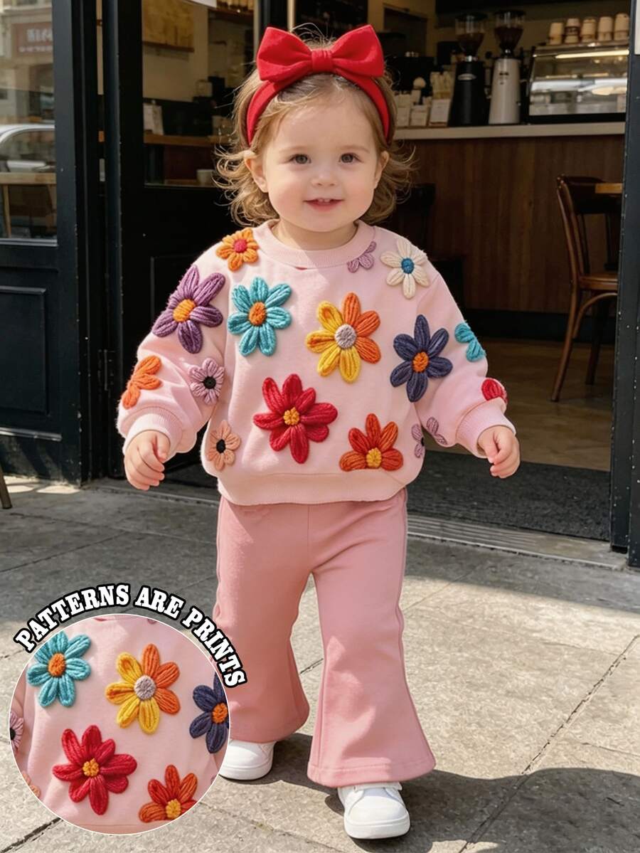 SHEIN Playful Pals 1套女嬰休閒時尚可愛甜美3D仿刺繡花卉 - 彩色 - 查看 1