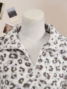 青少年女孩灰色豹紋毛絨半拉鍊 Polo 領長袖運動衫，舒適寬鬆休閒上衣，秋冬款 - 灰色 - 查看 3