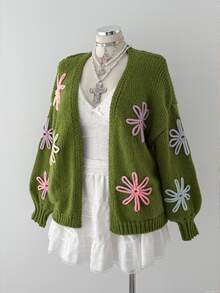 Sunspun Plus Size Vacation Fashion Embroidered Long Sleeve Knit Cardigan - Green - View 5