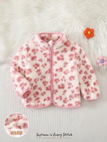 Cozy Pixies 女嬰花卉印花抓絨內裡圓領長袖夾克，百搭舒適秋冬女童外套 - 淺粉色 - 查看 6