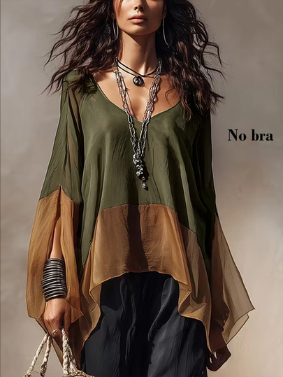 Linhara CURVE Blusa casual de mujer talla grande estilo bohemio para uso diario y salidas, con bloques de color, patchwork, cuello en V, gasa, bajo asimétrico, manga murciélago y efecto transparente