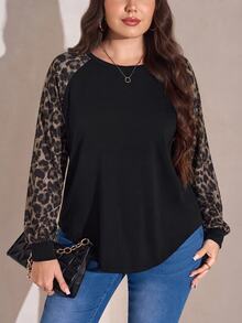 SHEIN LUNE Plus Size Women's Round Neck Patchwork Leopard Print Raglan Long Sleeve Knit T-Shirt - Multicolor - View 1