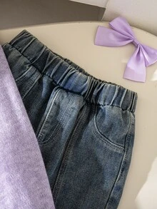 SHEIN Elladie kids 女童韓系簡約花卉刺繡棕色長袖開襟外套，搭配開衩喇叭牛仔長褲，秋季7歲生日穿搭 - 淡紫色 - 查看 3