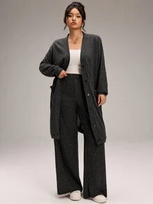EMERY ROSE Plus Size Women Solid Color Long Sleeve Single-Breasted Jacket And Pants Casual 2 Pieces Set Fall - Dark Grey - View 2