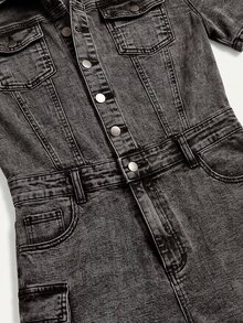 Mistrie Women's Short Sleeve Single-Breasted Cargo Pocket Casual Denim Romper - Grey - View 6