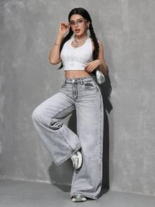 SHEIN Tall 女款極簡時尚拉鍊門襟寬鬆直筒牛仔褲，適合日常穿著 - 淺灰色 - 查看 6