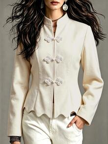 LUMIGAL / Women New Chinese Style Wool Blend Jacket, Stand Collar Frog Buttons Slim Fit Short Coat, Wave Hem - Beige - View 3