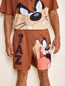 LOONEY TUNES X SHEIN Men's Cartoon Print Short Sleeve Top And Shorts Loungewear Set - Brown - View 7