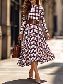Editum Women's Plaid Casual Party Mid-Length Dress - Burgundy - View 6