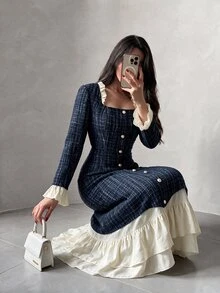 NOVVYNE 女款方領粗花呢中長洋裝，長袖荷葉邊飾鈕扣前襟秋季洋裝，優雅婚禮賓客與萬聖節日常穿搭 - 彩色 - 查看 7