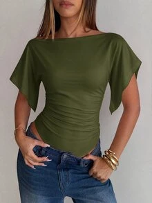 Aloruh Damen Herbst Neu Aprikose Elegant Sexy Süß Mode Lässig Täglich Pendeln Date Abendessen Fledermausärmel Tailliert Slim Fit Bodysuit - Armeegrün - Übersicht 5