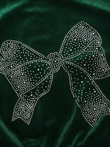 SHEIN 青少年女孩秋冬休閒時尚天鵝絨蝴蝶結水鑽連帽拉鍊運動衫與修身喇叭褲兩件套 - 綠色 - 查看 3