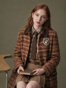 Elnivra Women's Striped Long Sleeve Lapel Long Vintage Overcoat - Brown - View 6