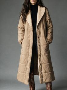 Omancia Women's Autumn/Winter Casual Solid Color Long Lapel Minimalist Comfortable Style Suitable For Outings, Shopping, Walking, Daily Commute Padded Coat - Khaki - View 4