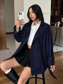 SHEIN EZwear 女款新款純色雙排扣休閒中長款風衣 - 藏蓝色 - 查看 5