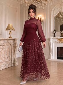 Roveilla Plus Size 2027 New Party Style New Year Christmas Valentine's Day 3D Floral Long Dress - Burgundy - View 3