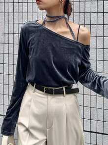 FRIFUL 女款純色不對稱肩休閒百搭日常長袖T恤 秋季 - 藍色 - 查看 1