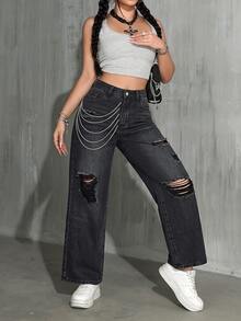 SHEIN PETITE 女款高腰口袋磨損直筒寬鬆休閒牛仔褲 - 黑色 - 查看 6