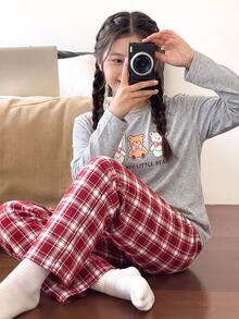 SHEIN 少女睡衣新款復古印花牛奶絲灰色圓領長袖上衣搭配全紅格子長褲，寬鬆舒適2件套，秋冬日常居家服，1套聖誕節假期風格 - 灰色 - 查看 8
