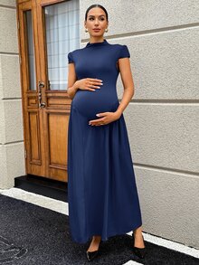 MaterniWear 孕婦時尚簡約半高領短袖拼接洋裝 - 藏蓝色 - 查看 7