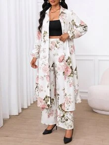 SHEIN Lady Women's All-Over Floral Print Casual Long Shirt & Pants 2 Pieces Set - Multicolor - View 7