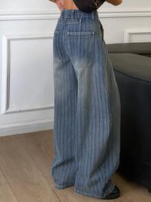 Livesso Celana Jeans Denim Kasual Wanita Warna Biru Pinggang Tinggi Kancing Dicuci, Potongan Lurus Longgar dan Lebar, Musim Gugur - Biru - View 2