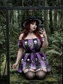 Whyspr Gaun Ukuran Plus Terbaru untuk Halloween, Model A-Line dengan Motif Tengkorak, Bahu Terbuka, Patchwork Renda, dan Potongan Pinggang yang Mengencangkan. - MultiWarna - View 6