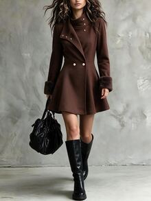 Yalmera Women's Autumn/Winter Patchwork Fur Cuff Stand Collar Elegant Overcoat - Brown - View 12