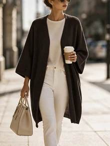 SHEIN Women's Solid Color 3/4 Sleeve Open Front Loose Knit Cardigan - Coffee Brown - View 3