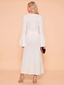 Amorya Women's Round Neck Flared Sleeve Top & A-Line Skirt Winter Fuzzy Soft 2 Pieces Set - White - View 2