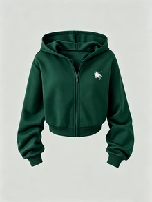 SHEIN 青少年女孩秋季套裝 2件/組 連帽拉鍊夾克短版上衣與寬鬆鬆緊腰寬腿休閒長褲套裝，秋季 - 墨綠色 - 查看 3