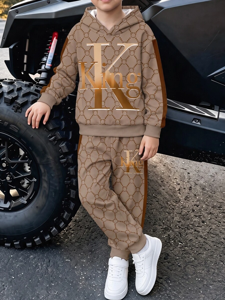 青少年男孩休閒極簡長袖連帽舒適衛衣2件套,適合秋冬,經典帥氣熊圖案印花,經典King文字圖案印花 - 彩色 - 查看 1