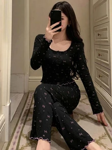 DAZY 2pcs Bow Print Fitted Long Sleeve T-Shirt & Long Pajama Pants Women's Sleepwear Set - Black - View 6