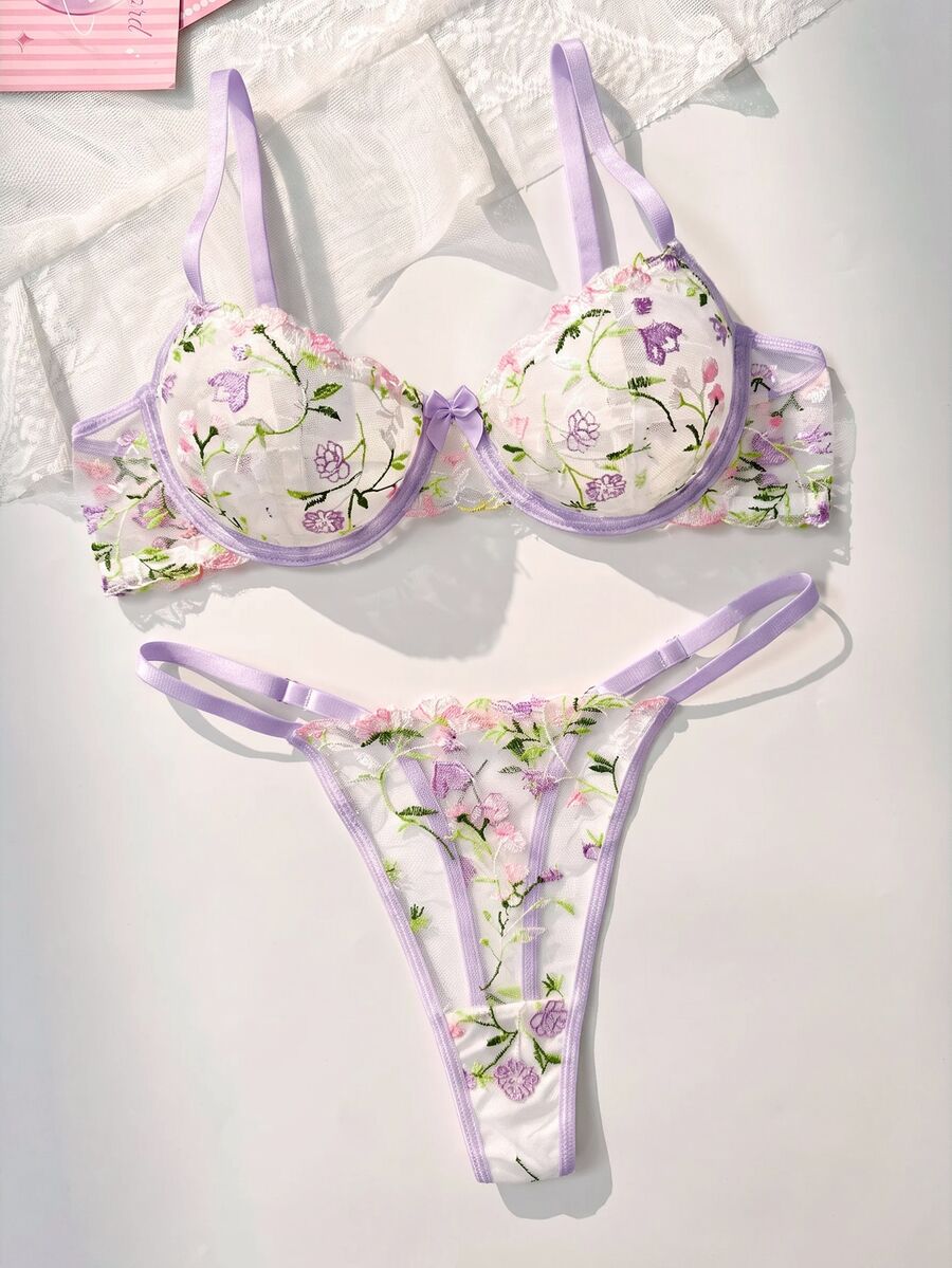 PetitDoll Pastoral Style Colorful Floral Embroidered Women's Romantic Lingerie Set, Embroidered Underwire Bra And Thong 2 Pieces Set - Mauve Purple - View 1
