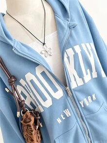 SHEIN 青少年女孩拉鍊迷你休閒日常黑色運動衫，萬聖節秋季風格秋季穿搭 - 淺藍色 - 查看 5