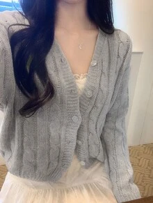 DAZY Solid Color Loose V-Neck Long Sleeve Casual Vacation Korean Style Autumn/Winter Knit Sweater For Women - Grey - View 4