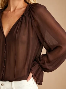 Juhart Plus Size Deep Brown Chiffon Blouse With Frill Trim, Gathered Stand Collar And Tie Detail - Coffee Brown - View 5
