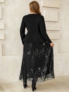 Roveilla Setelan Wanita Ukuran Besar: Blazer Tanpa Kerah + Rok Berpayet - Hitam - View 2