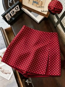 SHEIN Franclia 時尚休閒通勤百搭丹寧效果印花紋理柔軟面料高腰開衩女款短褲/裙/寬腿褲/熱褲 - 酒紅色 - 查看 3
