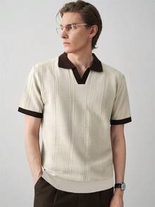 RONVEXI Men's Plus Size Colorblock Collar Short Sleeve Casual Knit Top - Beige - View 3