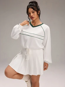 EMERY ROSE Plus Size Women's Colorblock Casual Everyday Long Sleeve T-Shirt - White - View 1
