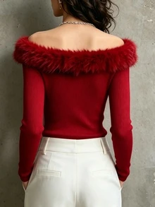 RosyDaze Women's Fashion Elegant Elegant Patchwork Faux Fur Off-Shoulder Long Sleeve Top - Red - View 8