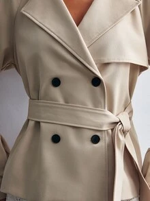 Willow Rêve Women's Short Double-Breasted Long Sleeve Khaki Trench Coat - Khaki - View 7