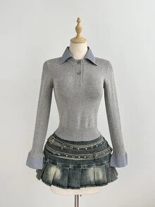 Elamini Women's Autumn/Winter Fashion Versatile Minimalist Casual Commute Lazy Preppy Style 2 In 1 Pullover Sweater - Grey - View 5