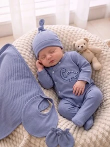 2件組新生兒居家服套裝，嬰兒恐龍刺繡2件套，春秋款羅紋長袖連身衣 + 腳套褲，男嬰分體套裝 - 彩色 - 查看 2