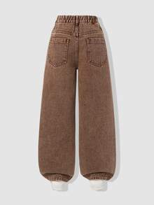 SHEIN Genkimix Kids Tween女孩牛仔褲 2025秋冬新款 女孩寬腿牛仔褲 新到貨 可愛愛心刺繡 寬鬆牛仔褲 復古做舊牛仔色 Y2K學院風街頭休閒可愛復古 刺繡圖案破洞 粉色愛心圖案刺繡 - 咖啡棕 - 查看 2