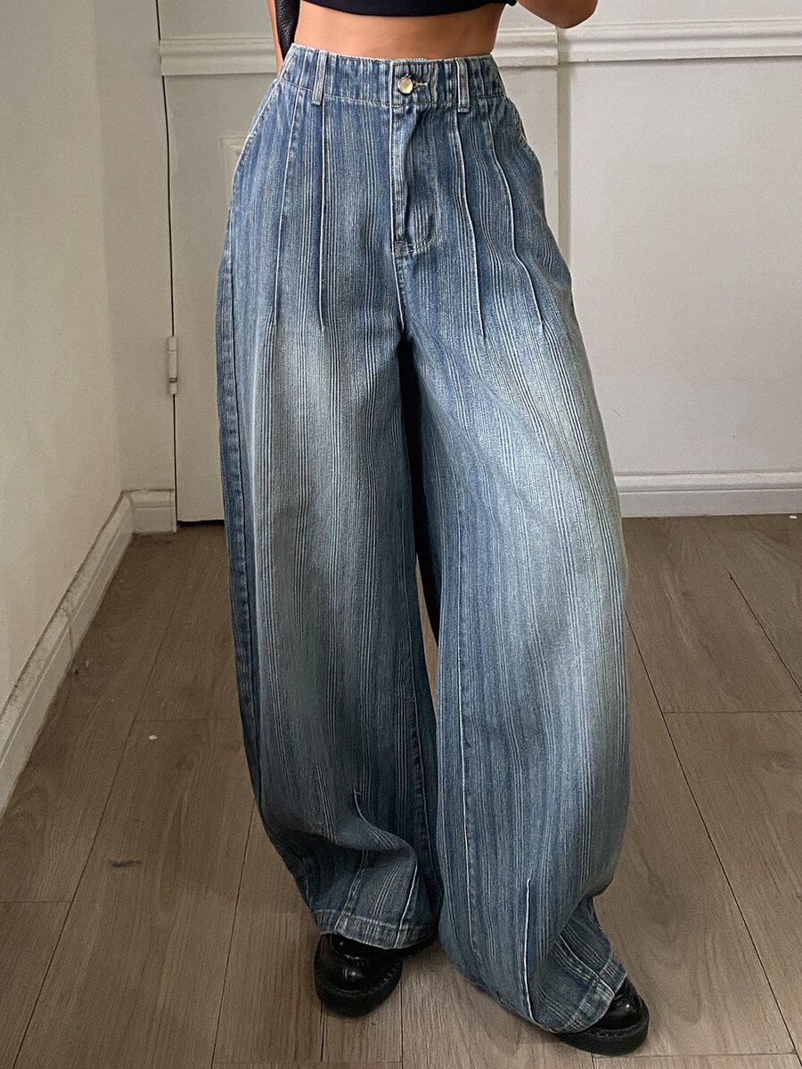 Livesso Celana Jeans Denim Kasual Wanita Warna Biru Pinggang Tinggi Kancing Dicuci, Potongan Lurus Longgar dan Lebar, Musim Gugur - Biru - View 1